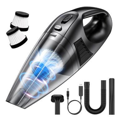 Ручний пилосос бездротовий 120W чорний: для дому, авто, дивана, килима. З USB зарядкою, 2 фільтри, 3 насадки