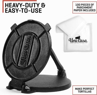 Пресс для тортилій Uno Casa Tortilla Presse 20 см - для тако, з чавуну, ротатор, 100 шт. паперу