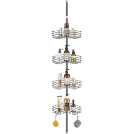 FIISAYL Shower Shelf No Drilling Telescopic Shower Rack Metal Corner Shelf Bathroom Shelf with 4 Shower Baskets, Height Adjustable 85-325cm, Suitable for Bathtub, Bathroom and Kitchen, Grey