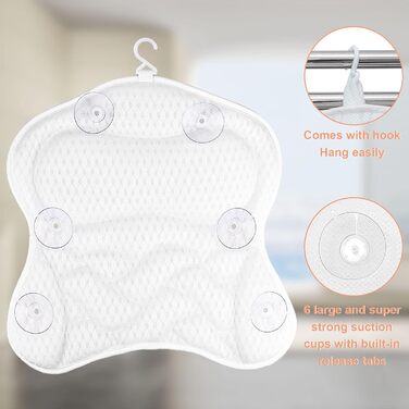 Подушка для ванни Frasheng з 6 присосками, 4D Mesh, для шиї та спини, біла