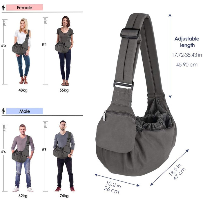 Трагета для собак Nasjac, переноска для собак через плече, сіра, з підставками для дна, для маленьких собак та котів, з регульованим плечовим ременем та кишенею на блискавці