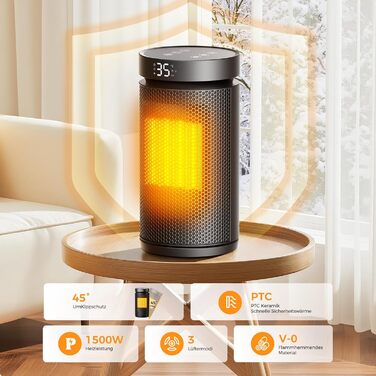 Керамічний обігрівач 1500W з термостатом, захистом від перегріву та нахилу, 75° осциляція, ECO-режим, 2-в-1 для дому (чорний, круглий)