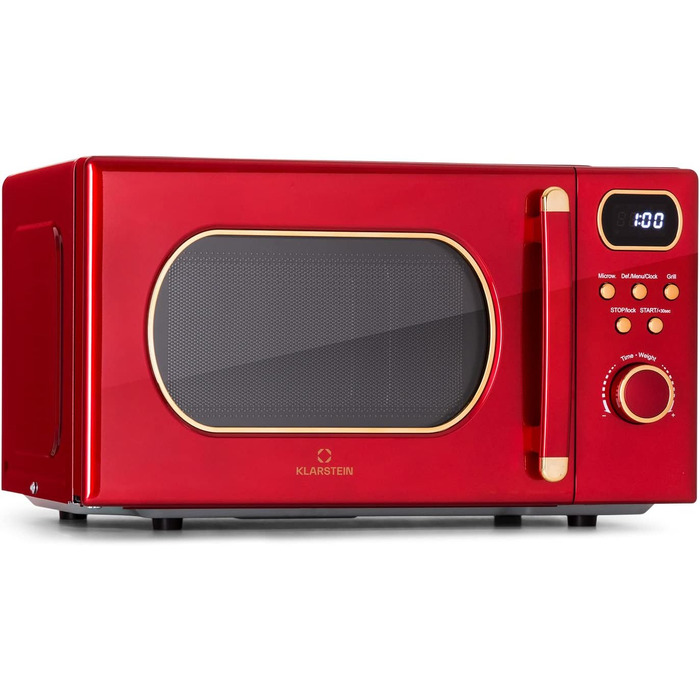 Мікрохвильова піч Klarstein з грилем, 800 Вт, 20 літрів, з функцією розморожування та піци, поворотний стіл, компактна, проста у використанні (червона)