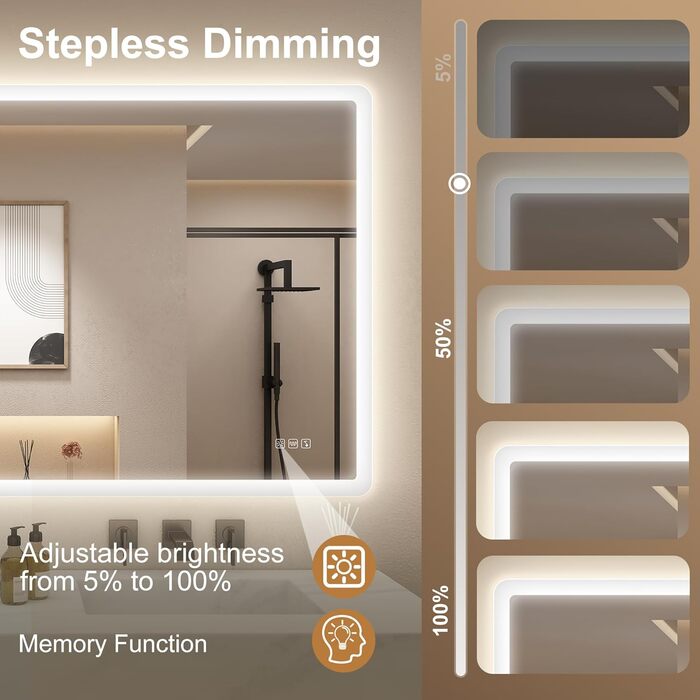 Дзеркало для ванної кімнати STARLEAD з підсвічуванням 100x70 см, Bluetooth, протитуманне покриття, регулювання яскравості, 3 кольори світла, функція пам'яті, IP44, LED, горизонтальне/вертикальне, HD скло, Madrid Silver (Bluetooth)