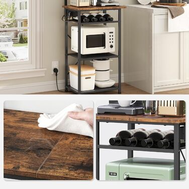 Стельова полиця з розетками, підлогова полиця, полиця пекаря, 35 x 48 x 135 см, 4 гачки S-подібної форми, станція для кавової бару з тримачем для пляшок та гачками, вінтажний коричневий та чорний колір ABRHR23UE01