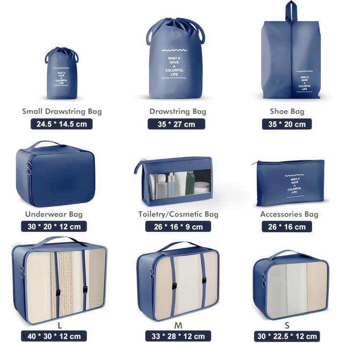 Органайзер для валізи OBSGUMU, набір 9 шт. - Packing Cubes для подорожей, косметичка, валізні органайзери (Marineblau)