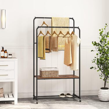 HOOBRO Clothes Rack with Wheels, Heavy Duty Clothes Rod, Garment Rack with 2 Clothes Rods and Shelf, Up to 100 kg Load Capacity, for Bedroom, Hallway, Dark Brown-Black EBF22LY01
