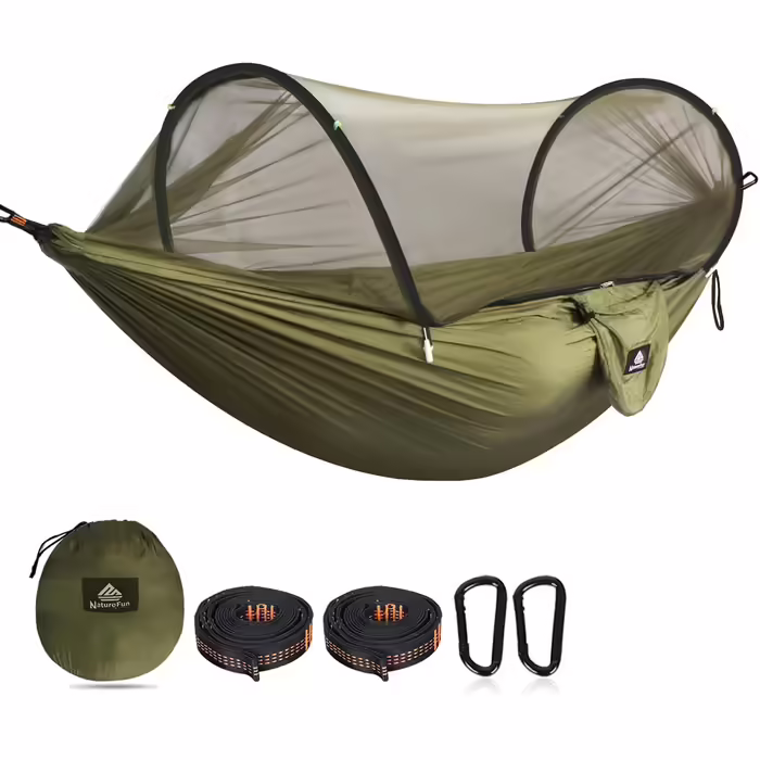 NATUREFUN Ultra-Light Travel Camping Hammock with Mosquito Net | 300 kg (660 lbs) Load Capacity, Breathable Quick-Drying Parachute Nylon | Includes 2 Premium Carabiners and 2 Nylon Straps