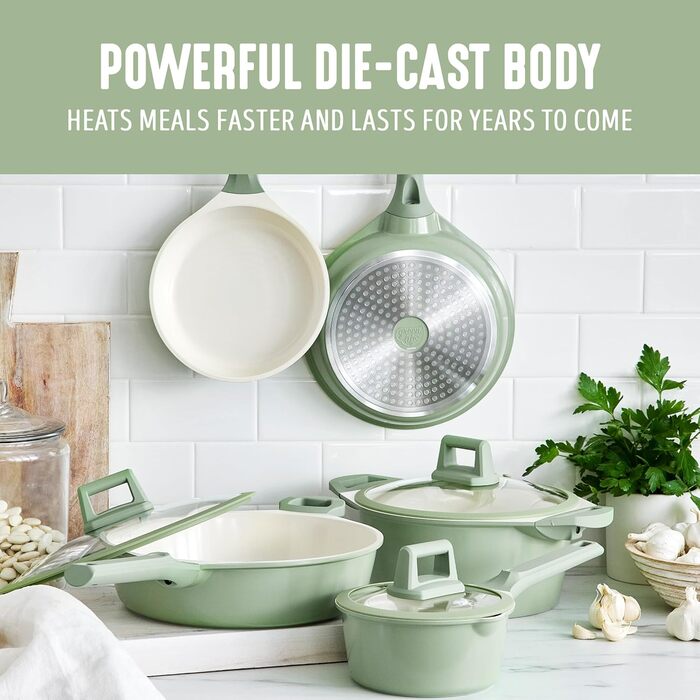 Набір посуду GreenLife 8 предметів з керамічного покриття, індукційний, нетоксичний, без PFAS, каструлі та сковороди, придатний для миття в посудомийній машині, середній, салатовий зелений