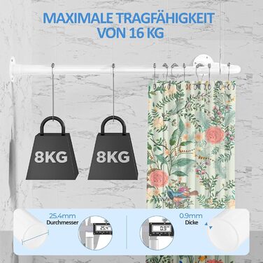 Регульована штанга для душу L-подібної форми, 60-134 см, з кріпленням для завіси та підставкою для стелі, для ванни/ванної кімнати, білий, монтаж вимагає свердління