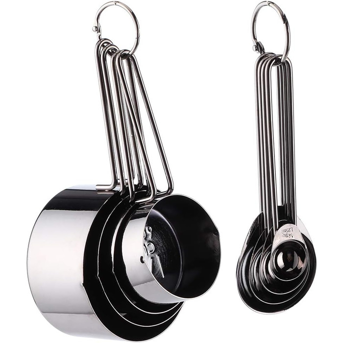 8-Piece Measuring Cup and Spoon Set, Measuring Spoons and Cups Made of Food-Grade Stainless Steel with Scale, Small Measuring Cups with Angled Spout (338g - Black)