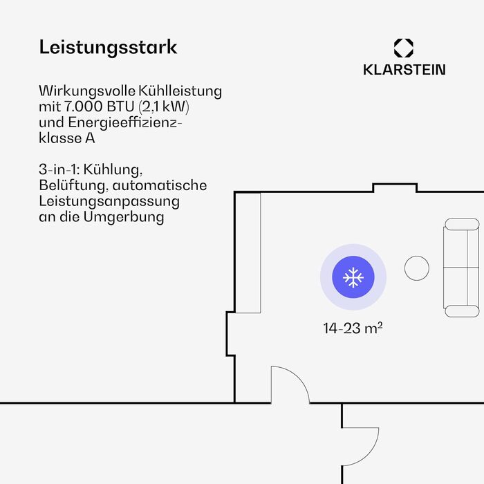 Klarstein Aero Ring Mobile Klimaanlage: мобільний кондиціонер 9000 BTU з функцією охолодження, осушення та вентиляції, керування через додаток та голосове управління, для приміщень до 31 м², енергоефективність A, R290, легкі ролики