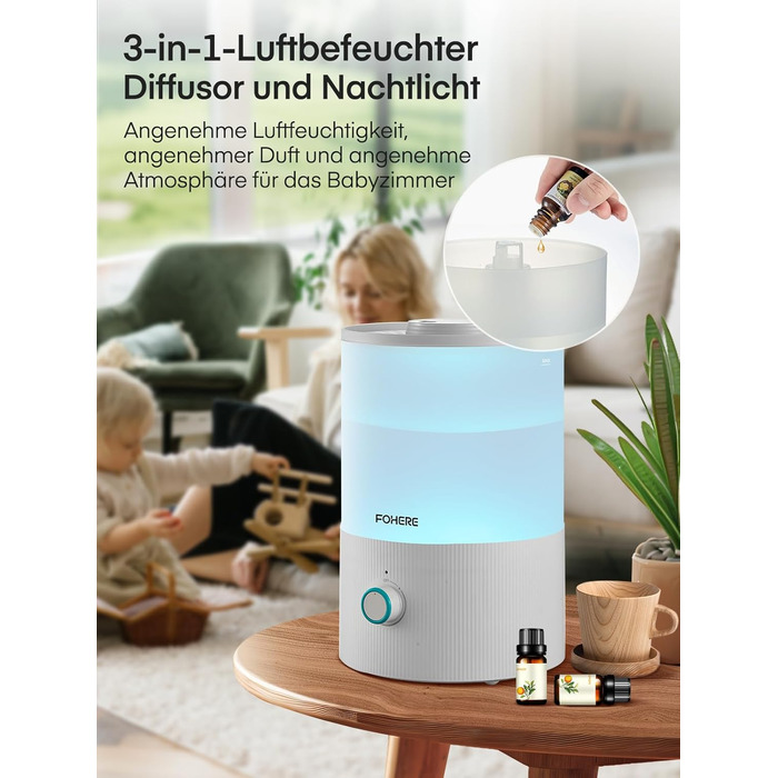 Зволожувач повітря FOHERE для спальні, 3.2л, тихий, для дітей, з верхнім заповненням, 28 годин роботи, 360° охолоджуючий туман, BPA-free, аромадифузор, нічне світло 7 кольорів для рослин, дому, офісу