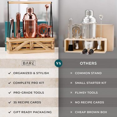 Набір бармена для приготування коктейлів Rose Gold 24oz: 12 предметів, дерев'яний підставник, рецепти, професійний барний аксесуар