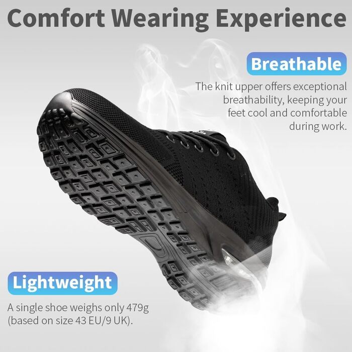 Захисні черевики Nasogetch для жінок та чоловіків з металевим капами, робочі черевики, спортивні, дихаючі, чорні, 36 EU