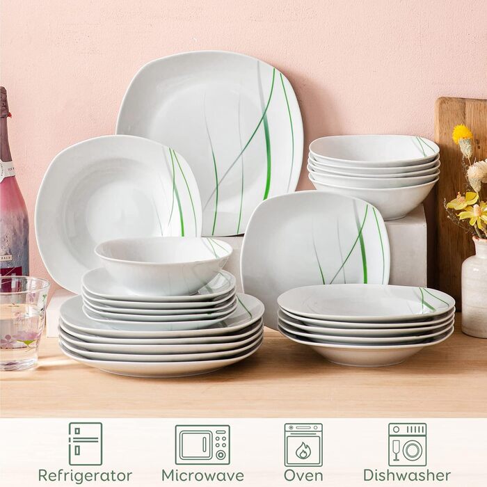 VEWEET Сервіз столовий 'Aviva' з порцеляни, 60 предметів | Комплектний сервіз для 4-12 осіб (24 предм.) | Тарілки, супові тарілки, десертні тарілки, чашки та блюця
