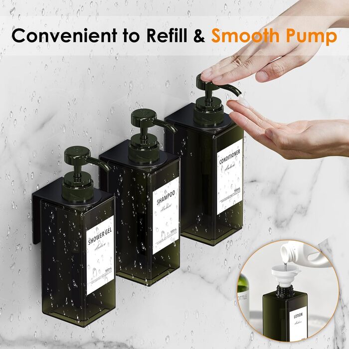 Дозатор мила настінний Anhow 3er PETG, набір 3 шт., зелений, 500 мл, без свердління, для кухні/ванної кімнати