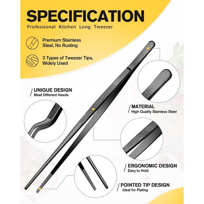 Набір кухонних пінцетів 10 дюймів, професійні, з нержавіючої сталі, чорні, для приготування, декорування та BBQ