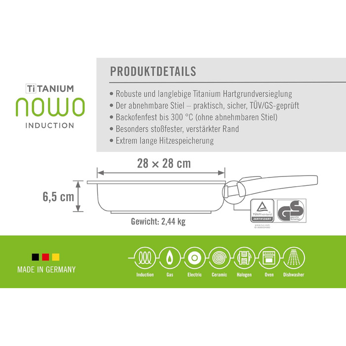 Гриль-сковорода Woll Nowo Titanium квадратна 28x28 см, індукційна, антипригарна, знімна ручка, алюмінієвий литий корпус, для всіх плит