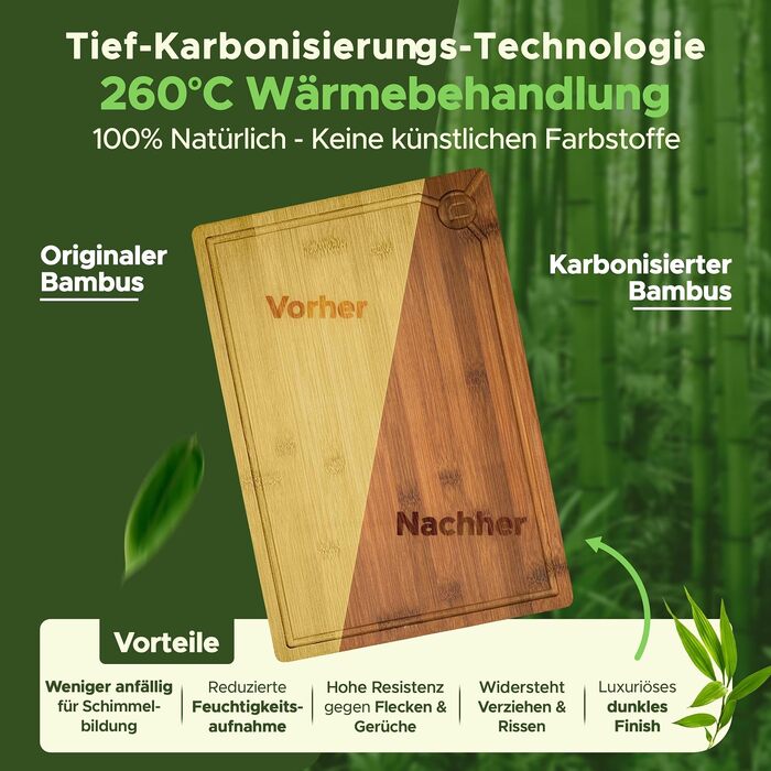Великий обробний бамбуковий дошка Naturlik XXL 45x30 см, карбонізована дерев'яна дошка для кухні з жолобом для соку та ручками для м'яса, овочів та хліба