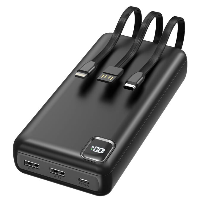 Повербанк Powerbank 50000mAh P500C з вбудованими кабелями та LED-дисплеєм, швидка зарядка USB-C, зовнішній акумулятор для iPhone, Android та планшетів, чорний