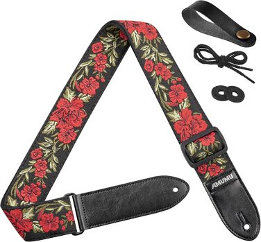 Гітарний ремінь Amumu з бавовни з вишивкою троянд та шкіряними кінцями для бас-, електро- та акустичної гітари, з фіксатором та блоками Red Flower