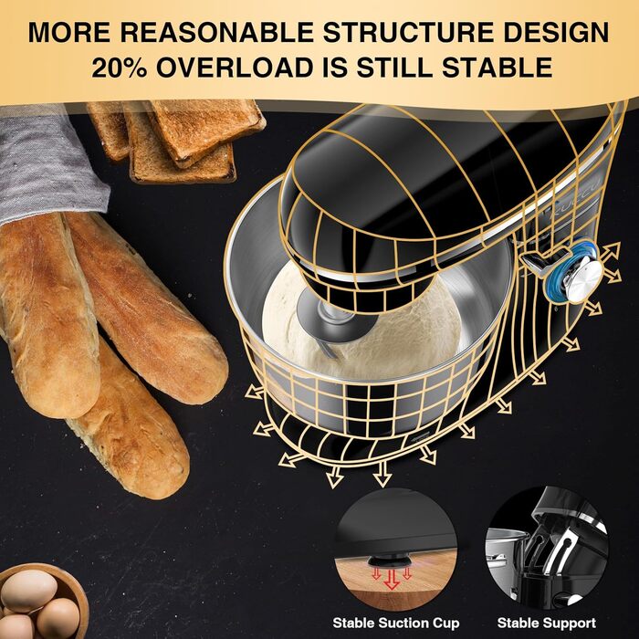 Кухонний комбайн-міксер 1500W з чашею з нержавіючої сталі 7Л, планетарний міксер для тіста з 6 швидкостями та набором насадок (гак, вінчик, міксер), чорний