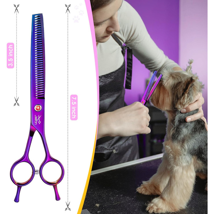 Професійна вигнута ножиця для собак JASON - 7,5' ножиця для грумінгу собак з японської нержавіючої сталі. Ножиці для догляду за шерстю собак та котів (вигнуті, фіолетові) (тонке розрідження)