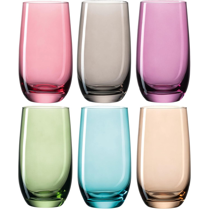 Leonardo Sora Drinking Glasses, Set of 6, Colorful Glass Set, Dishwasher-Safe Juice Glasses, Water Glasses, Drinking Cups in 6 Colors, 390 ml, Assorted Colors, 047287