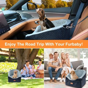 Elevated Dog Car Seat - Small & Medium Dogs (Up to 13.6KG) - Washable, Travel Bed with Storage & Safety Belt (Black & Grey)