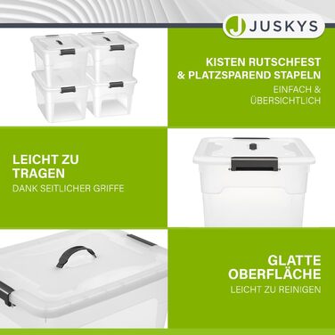 Juskys Storage Box with Lid - Set of 4 Plastic Boxes 45L - Large Box, Stackable, Transparent - Storage Organization System Storage Boxes (Set of 4 - 30 Liters)
