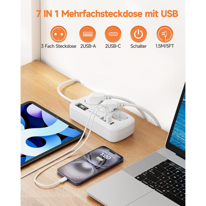 Многорозеткова станція з захистом від перенапруги, 3 розетки, 4 USB (2 USB-C), вимикач, кабель 1.5м, для дому/офісу, білий
