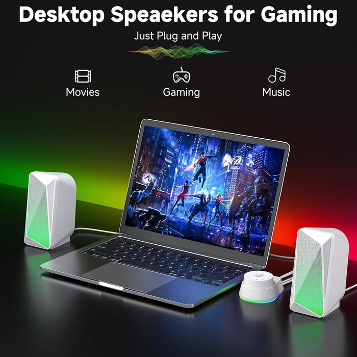 SOULION C30 - Bluetooth колонки для ПК, монітора, ноутбука, ігор. Stereo 2.0, LED, Aux, USB, білий