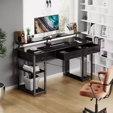 ODK Desk with Drawers, Computer Desk with Shelf, 120x50x90cm Gaming Desk with Monitor Stand, Black Desk, Office Desk, PC Desk for Home Office, Office, Living Room 120 x 50 cm Black