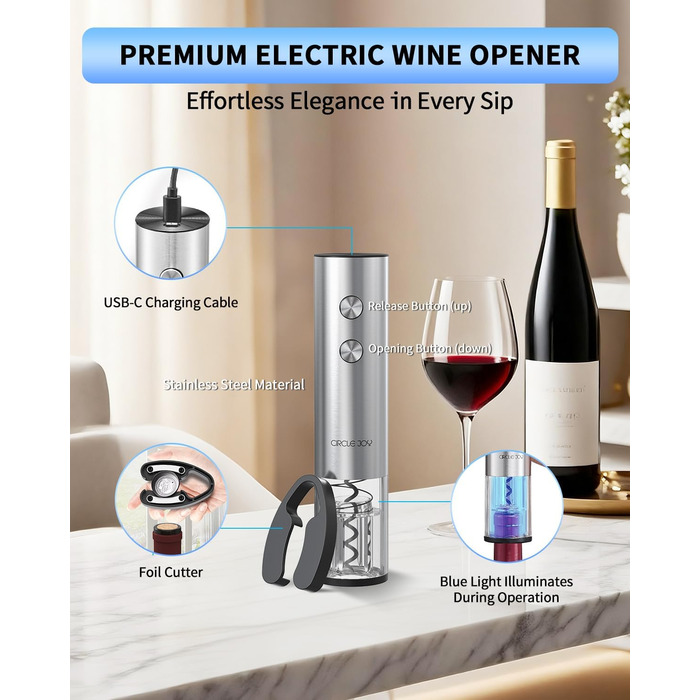 Електричний відкривачка вин CIRCLE JOY 6-в-1 з зарядною станцією, набір з нержавіючої сталі, з різаком фольги та вакуумними закривачами