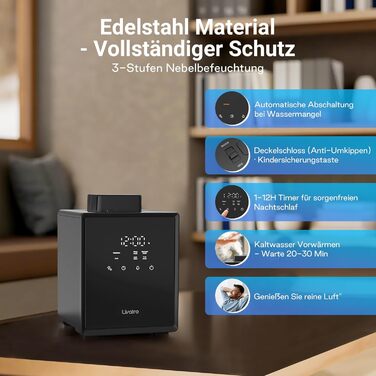 Зволожувач повітря для спальні та вітальні з верхнім заповненням, 3L, нержавіюча сталь, теплий туман, знищує 99,97% бактерій, з режимом сну, білий (чорний)