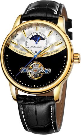 Чоловічий годинник на автоматичному механізмі з сапфіровим склом, корпус з нержавіючої сталі, шкіряний ремінець, годинник-скелетон, календар, золотий/чорний колір