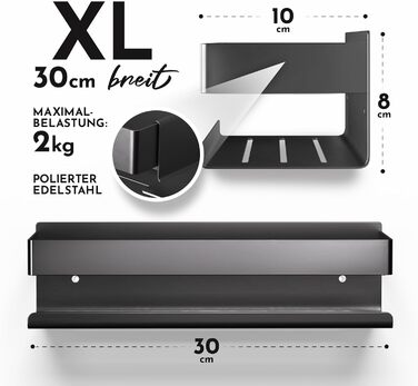 HENAL Shower Shelf Set 5 in 1, Matte Black Stainless Steel Shower Shelf (No Drilling Required), Shower Rack including Razor Holder, Squeegee Holder, Soap Dish & Hook, XXL Bathroom Organizer