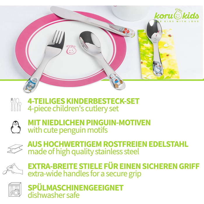 Набір дитячого столового прибору Koru Kids® Kinderbesteck Pinguin (4 шт.) з нержавіючої сталі – столовий прилад для навчання дітей, придатний для миття в посудомийній машині