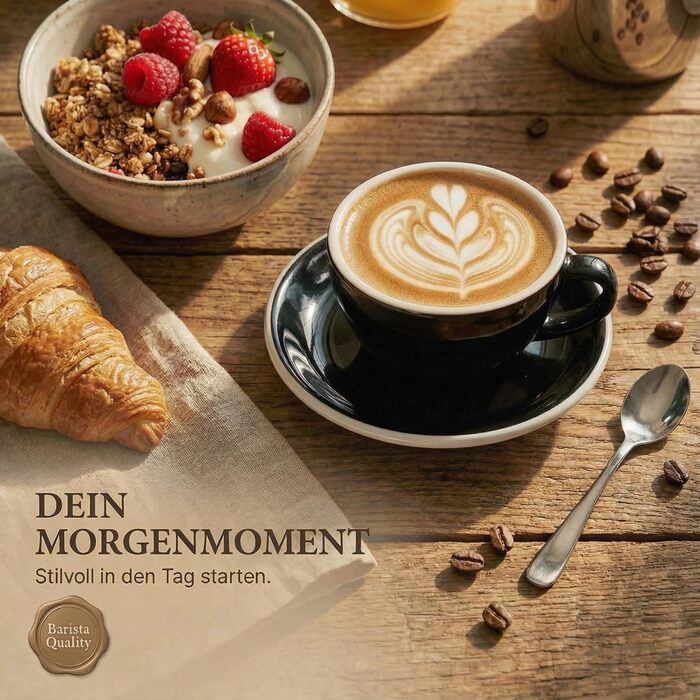 Набір з 6 еспресо-чашок | Хром | Італійський стиль | Dickwandig & Schwer | Еспресо-набір 6 шт. з підставками - подарунковий (200 мл, Чорний та білий)