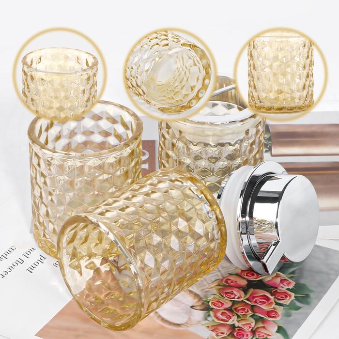 Pink bathroom accessory set made of glass, including a toothbrush holder, soap dispenser, and cup, foaming soap dispenser and toothbrush holder, 3 pink bathroom cups for brush, toothpaste (amber and silver).