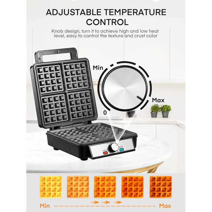 Вафельниця FOHERE з 4 пластинами, 1200W, бельгійські вафлі, антипригарне покриття, регулятор засмаги, нержавіюча сталь – ідеально для сімейного сніданку, чорний