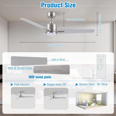 Стеляний вентилятор Newday з дерева білого кольору, 122 см з підсвіткою та пультом керування. Тихий вентилятор на стелю з лампою, регульована яскравість, DC мотор, реверсивний режим для спальні та вітальні (122-silber-holz)