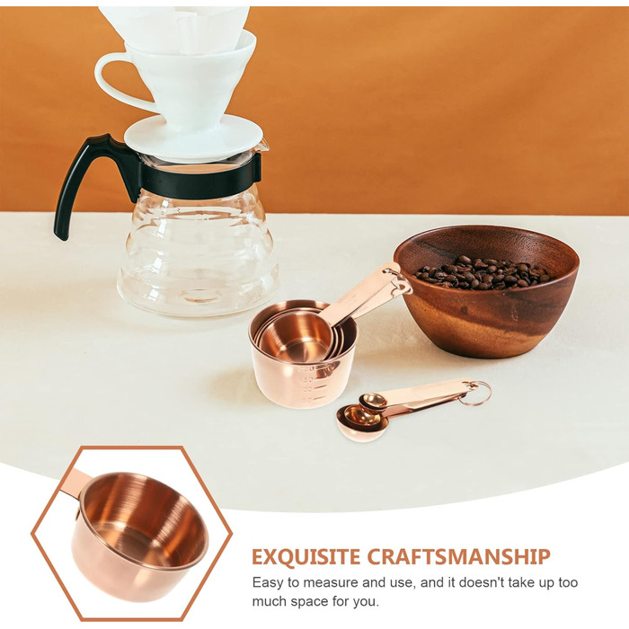 4-Piece Measuring Spoon and Cup Set - Measuring Spoon Sets, Tea Measuring Cups, Dry Measuring Cups, Basic Coffee Bean Scoops, Measuring Spoons and Cups, Stainless Steel, Rose Gold