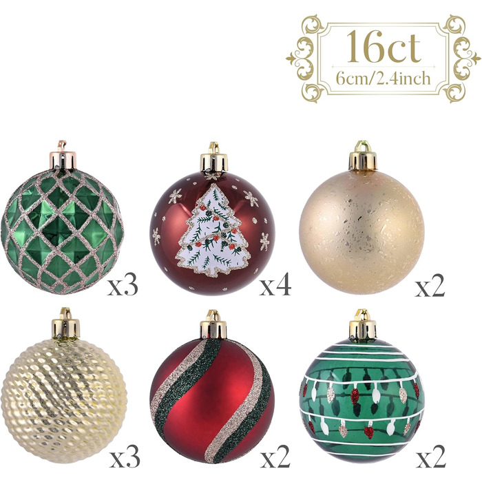 Набір новорічних кулічок Valery Madelyn, 16 шт, 6 см, червоно-зелено-золотий, з подарунковою упаковкою
