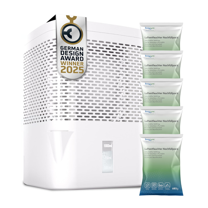 Зволожувач повітря BonAura® без струму до 23 м² | 360° вентиляція | Для дому та квартири | З виливом та 5 гранул по 680г | Захист від плісняви та неприємних запахів
