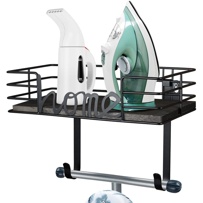 Настінна вішалка для праски TJ.MOREE з кошиком для зберігання та гачками (чорна)