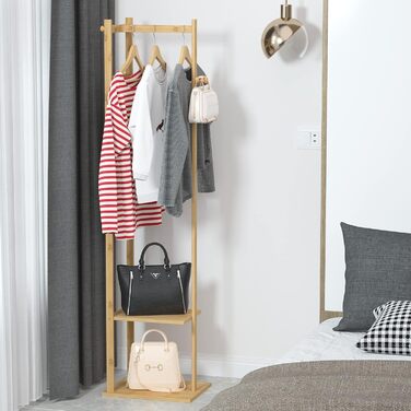 unho Bamboo Wardrobe Rack, Freestanding Clothes Rack, Coat Rack with Clothes Rail, 2 Shelves, 3 Hooks for Clothing, Hats, Bags, Hallway, Entrance Area