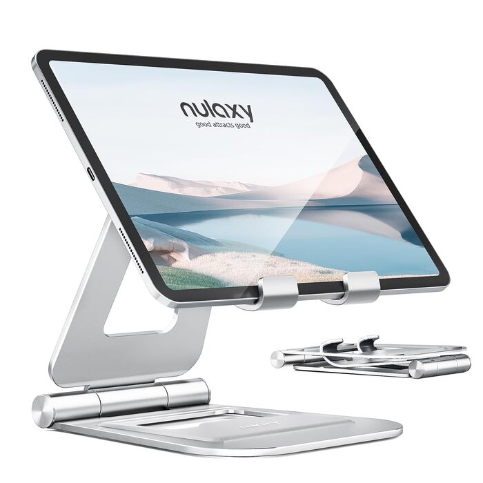 Алюмінієва подвійна складана підставка Nulaxy для iPad, планшетів та iPhone, регульований настільний тримач для Kindle, Pro/Air/Mini, чорний (B-Sрібло)