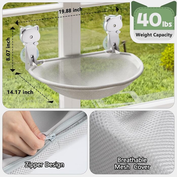 Window perch for cats, foldable & stable cat beds - breathable cat window hammock for monitoring, sunbathing and climbing - holds up to 18kg maximum (mesh cover, grey)